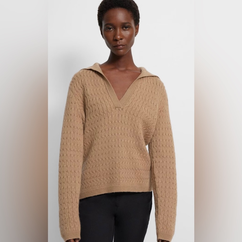 Theory Cable Knit Polo Sweater in Felted Wool-Cashmere